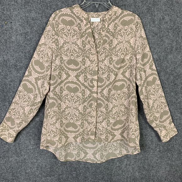 New York & Co Button Up M Top Olive & Pink Pattern Long Sl Pleated Back Career - Picture 1 of 9